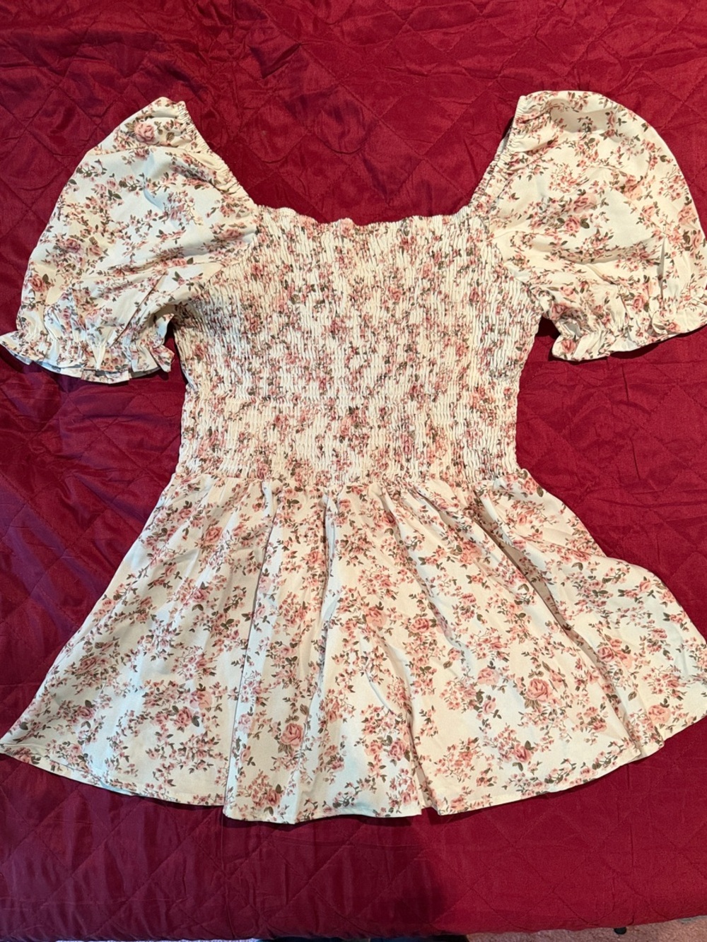 Floral Smocked Puff Sleeve Women’s Top - Cream with Pink Roses